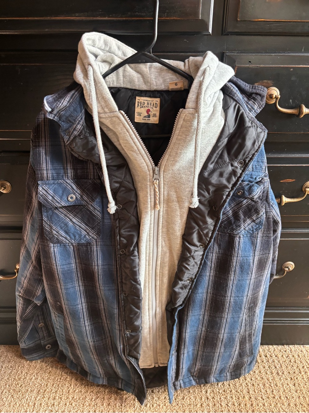 RedHead Blue Plaid Layered Jacket with Gray Hoodie Liner